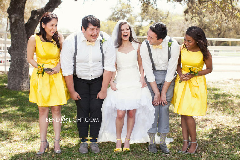1-yellow-grey-bridesmaid-dresses-gray-yellow-wedding-colors-scheme-Wedding-reception-photos-at-scenic-loop-cafe-in-san-antonio-tx